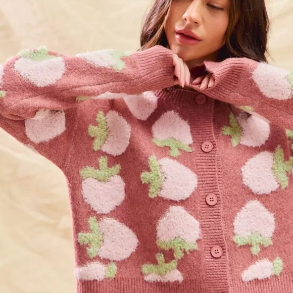 SO ME Strawberry Fruit All Over Button Sweater Cardigan - Picture 2 of 16
